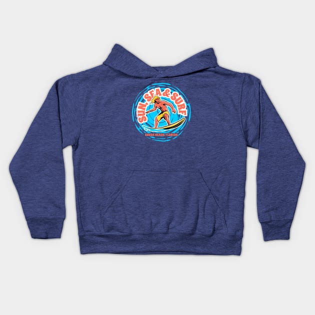 Vintage Sun, Sea & Surf Cocoa Beach, Florida // Retro Surfing // Surfer Catching Waves Kids Hoodie by Now Boarding